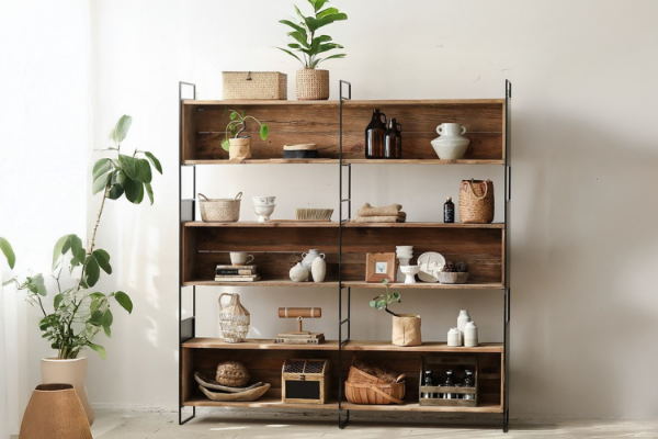 Picture of ELMORE Reclaimed Pine Wood Large Iron Shelf (190x180cm)
