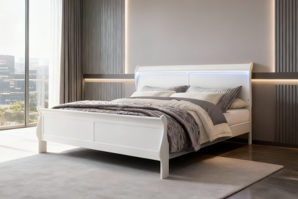 Picture of LOUIS Hevea Wood Bed Frame with LED Lighting Headboard in Queen Size (White)
