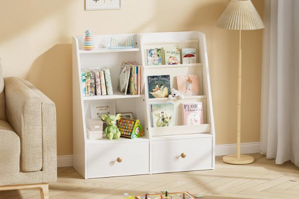 Picture of BLAINE 3-Tier Bookshelf and Toy Storage Cabinet with 2 Drawers (90x90cm）